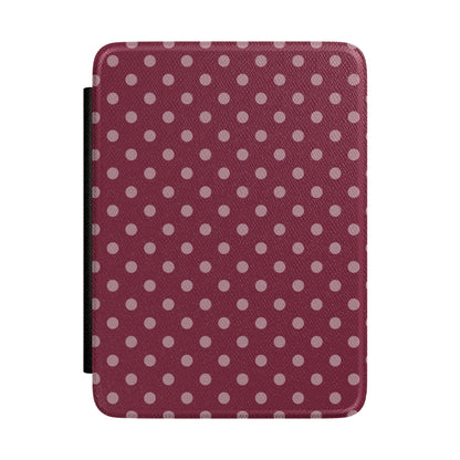 Deep wine red Kindle Paperwhite case with dusty rose polka dots front cover — Quiet Bookish autumnal gift