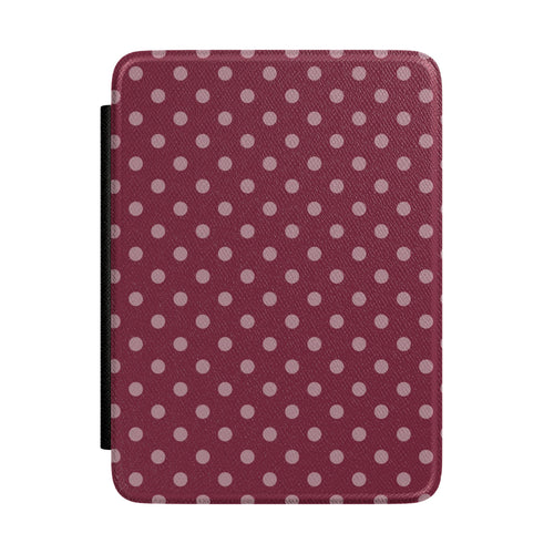 Deep wine red Kindle Paperwhite case with dusty rose polka dots front cover — Quiet Bookish autumnal gift