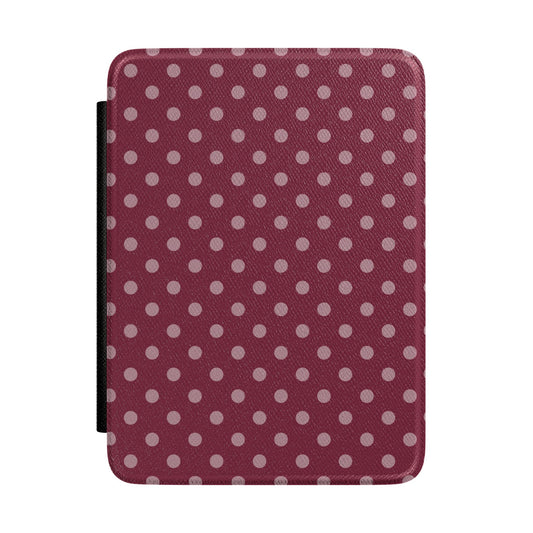 Deep wine red Kindle Paperwhite case with dusty rose polka dots front cover — Quiet Bookish autumnal gift
