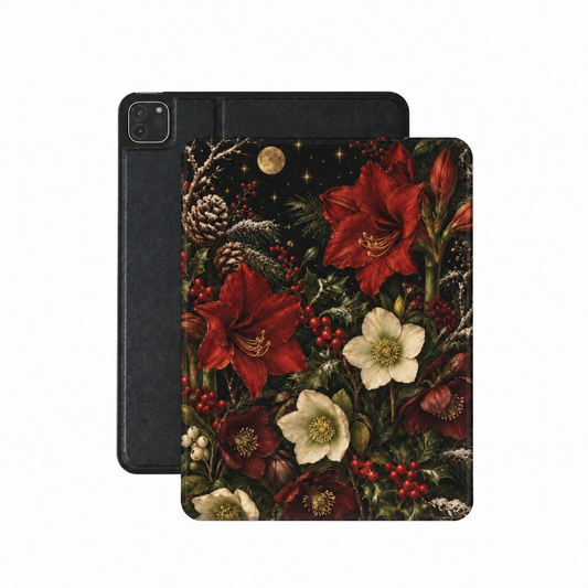 Winter Amaryllis iPad case — red amaryllis, hellebores and holly on a dark night ground