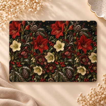 Winter Amaryllis Kindle case opened flat, front and back — red amaryllis, hellebores, holly berries and pine cones