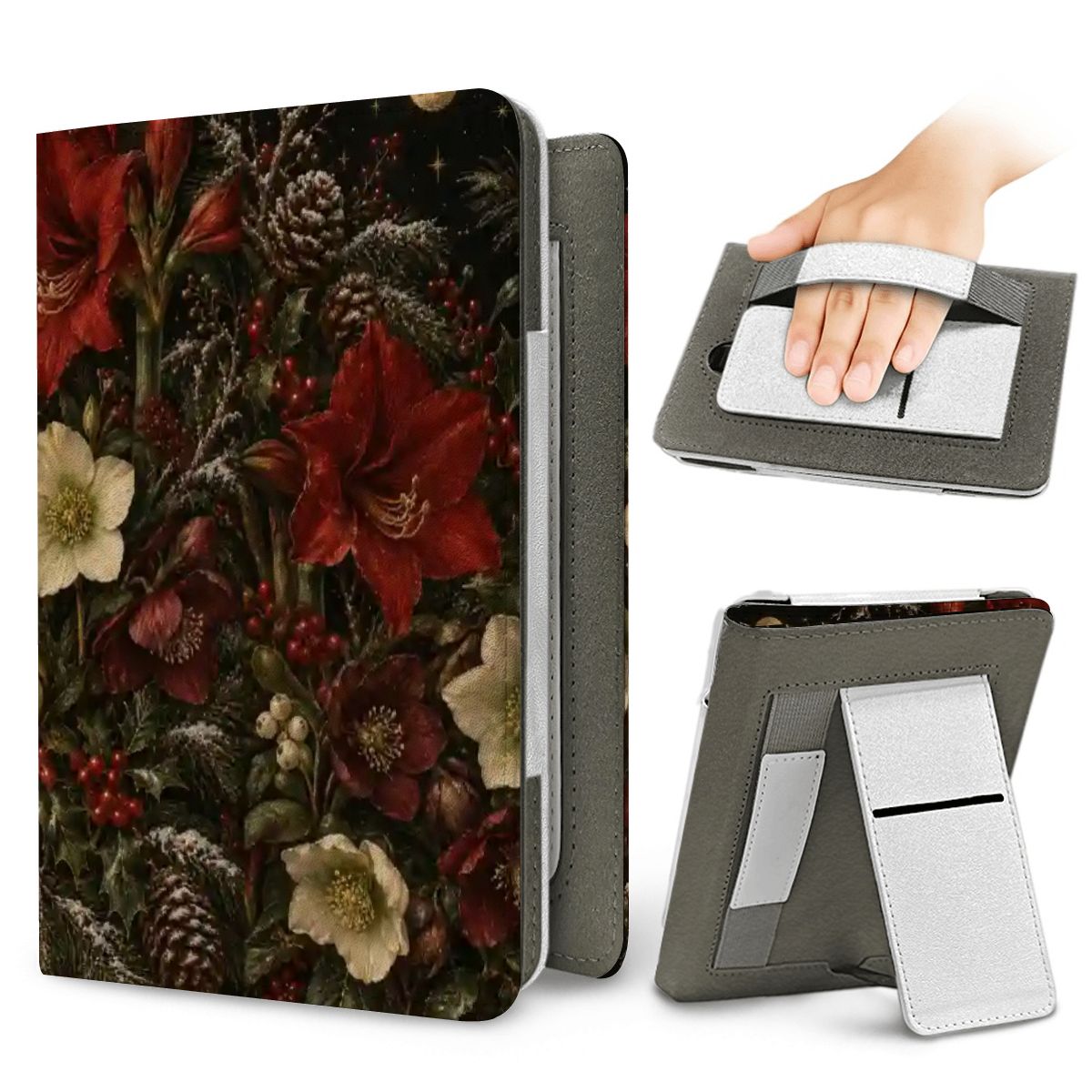 Winter Amaryllis Kindle case — elastic hand strap and fold-out stand on the back