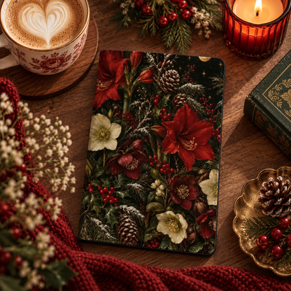 Winter Amaryllis Kindle case — red amaryllis, cream hellebores and pine cones on a dark ground, styled with a latte and candle