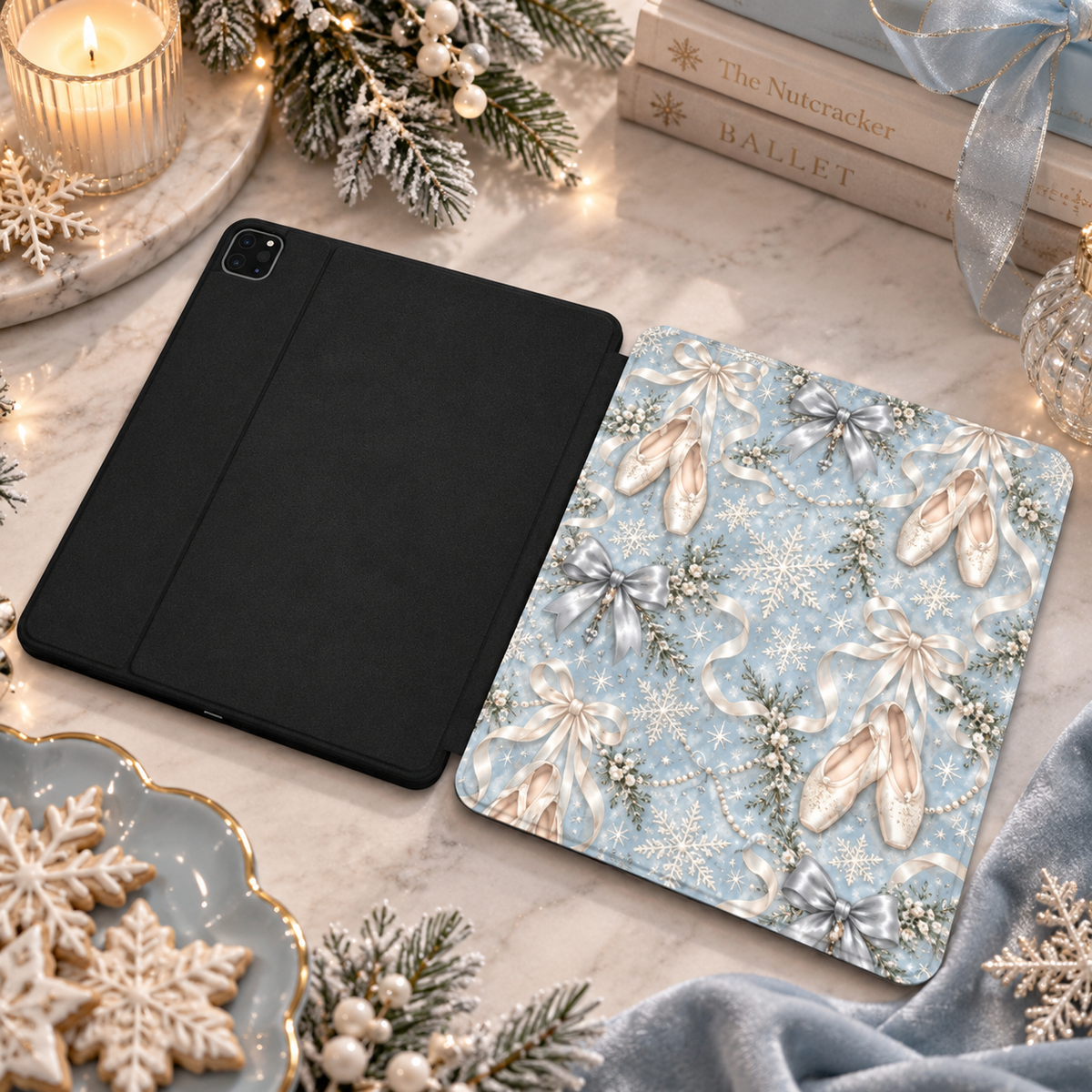 Winter Ballet iPad case shown front and back — printed front cover, plain black back