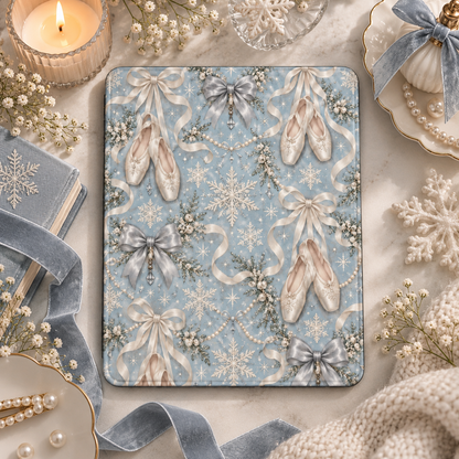 Winter Ballet iPad case styled with a candle, pearls and blue velvet ribbon
