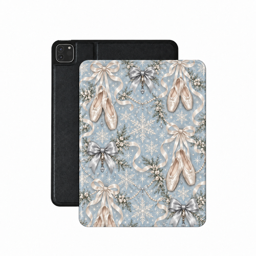 Winter Ballet iPad case — ballet slippers, silver bows and snowflakes on icy blue