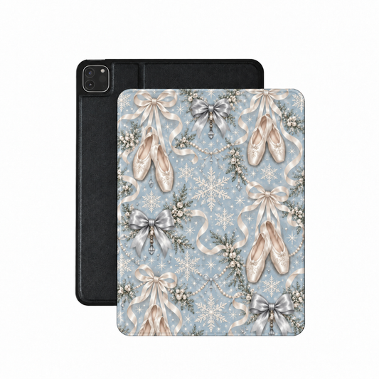Winter Ballet iPad case — ballet slippers, silver bows and snowflakes on icy blue