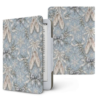 Winter Ballet Kindle case — ballet slippers, silver-blue bows, pearls and snowflakes on ice blue, printed front and back