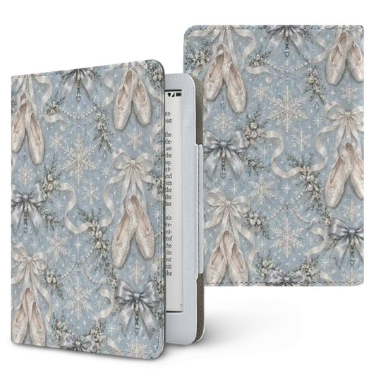 Winter Ballet Kindle case — ballet slippers, silver-blue bows, pearls and snowflakes on ice blue, printed front and back
