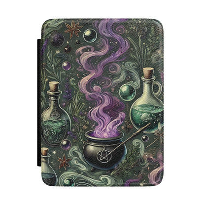 Dark green Kindle Paperwhite case with pentacle cauldron, potion bottles and herbs front cover — Dark Romantasy witchy gift