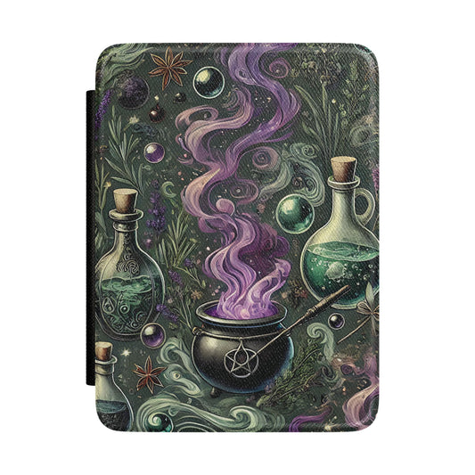 Dark green Kindle Paperwhite case with pentacle cauldron, potion bottles and herbs front cover — Dark Romantasy witchy gift