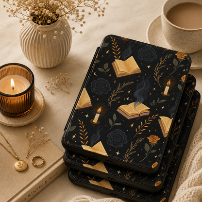 Witchy Academia Kindle case shown at an angle
