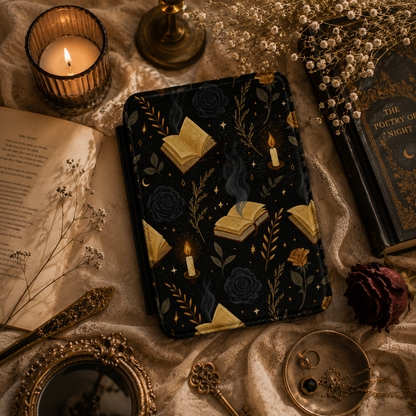Witchy Academia Kindle case open showing e-ink Kindle on right interior panel