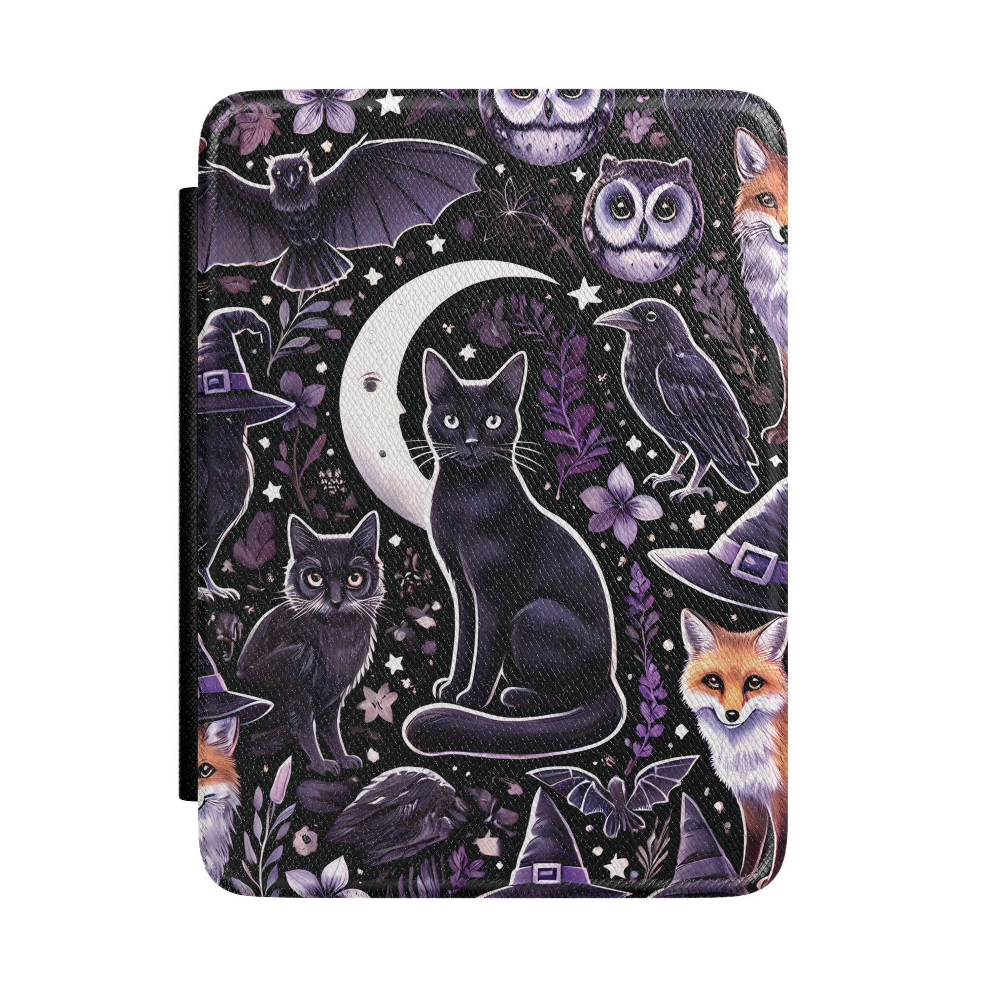 Black Kindle Paperwhite case with cats, owls, foxes and witch hats in purple front cover — Dark Romantasy witchy gift