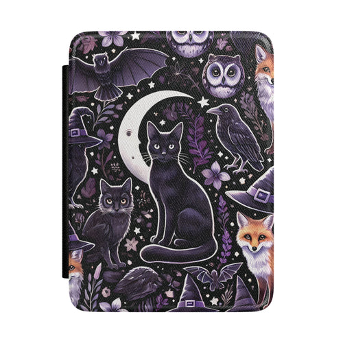 Black Kindle Paperwhite case with cats, owls, foxes and witch hats in purple front cover — Dark Romantasy witchy gift