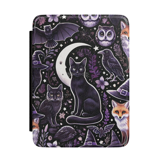 Black Kindle Paperwhite case with cats, owls, foxes and witch hats in purple front cover — Dark Romantasy witchy gift