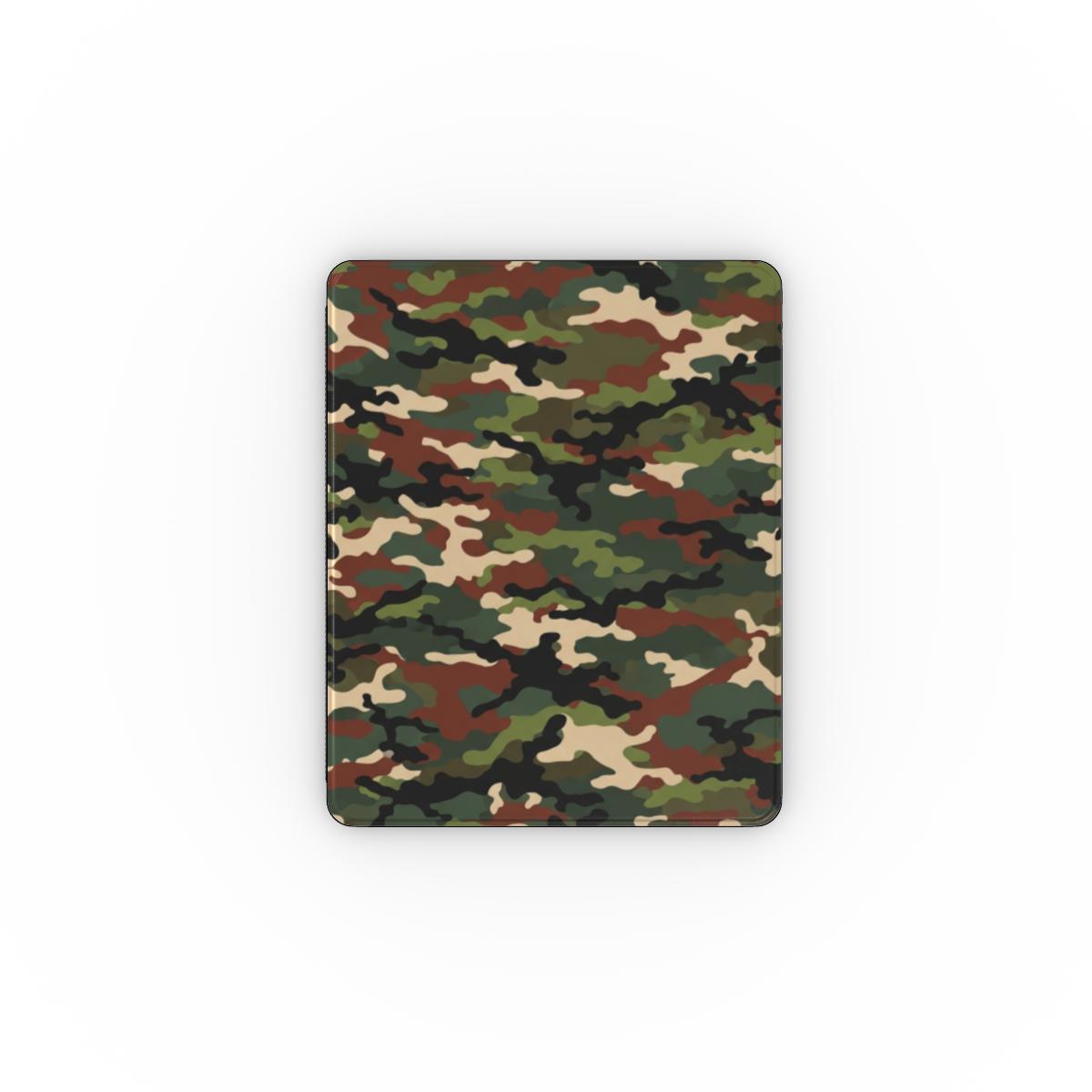 Woodland camo iPad case open, showing the stand fold and interior