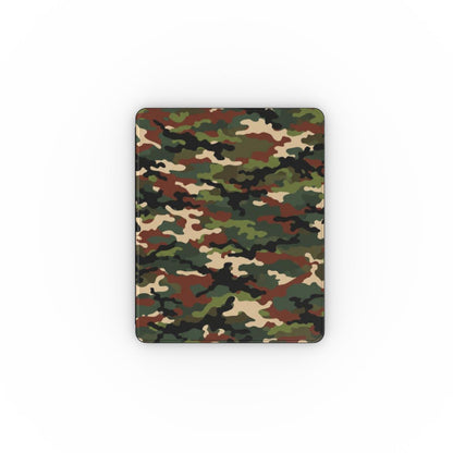Woodland camo iPad case open, showing the stand fold and interior