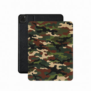 Woodland camo iPad case in green vegan leather — classic camouflage folio