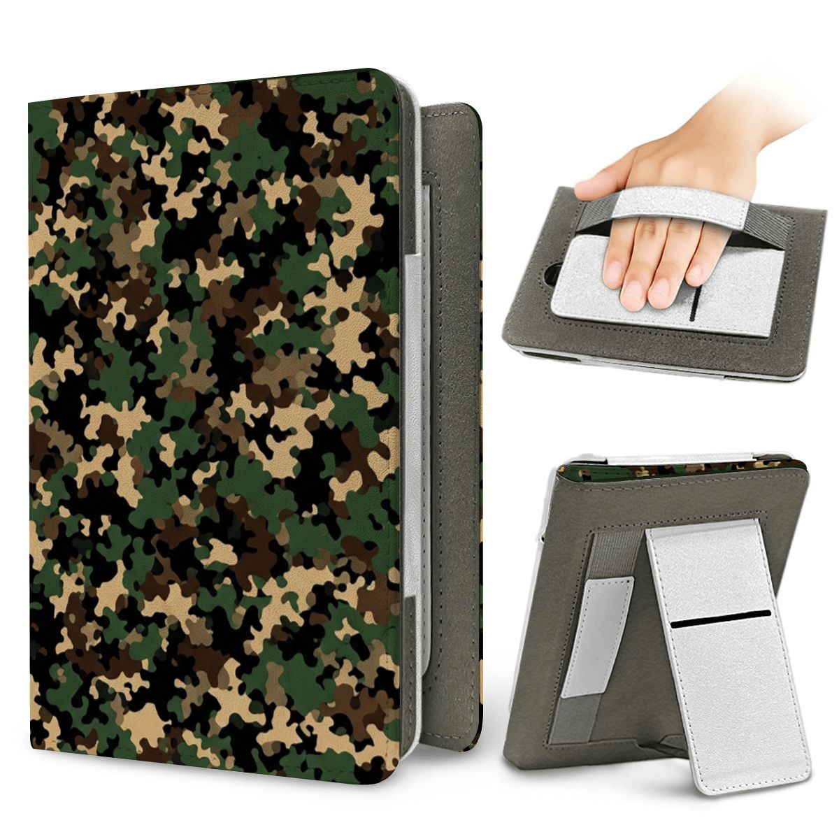 Field Camo Kindle case — elastic hand strap and fold-out stand on the back
