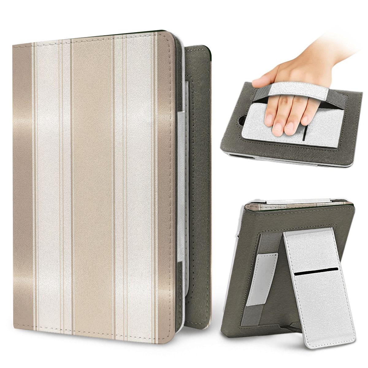 Taupe Ticking Stripe Kindle case — elastic hand strap and fold-out stand on the back