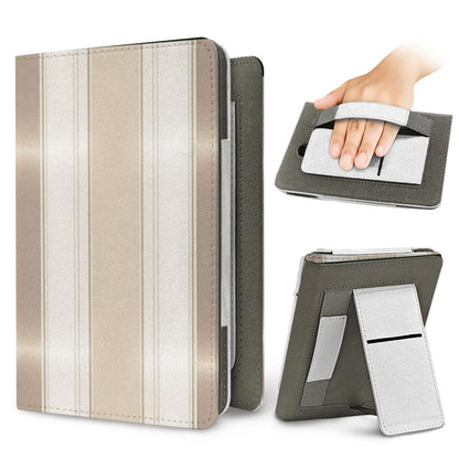 Taupe Ticking Stripe Kindle case — elastic hand strap and fold-out stand on the back