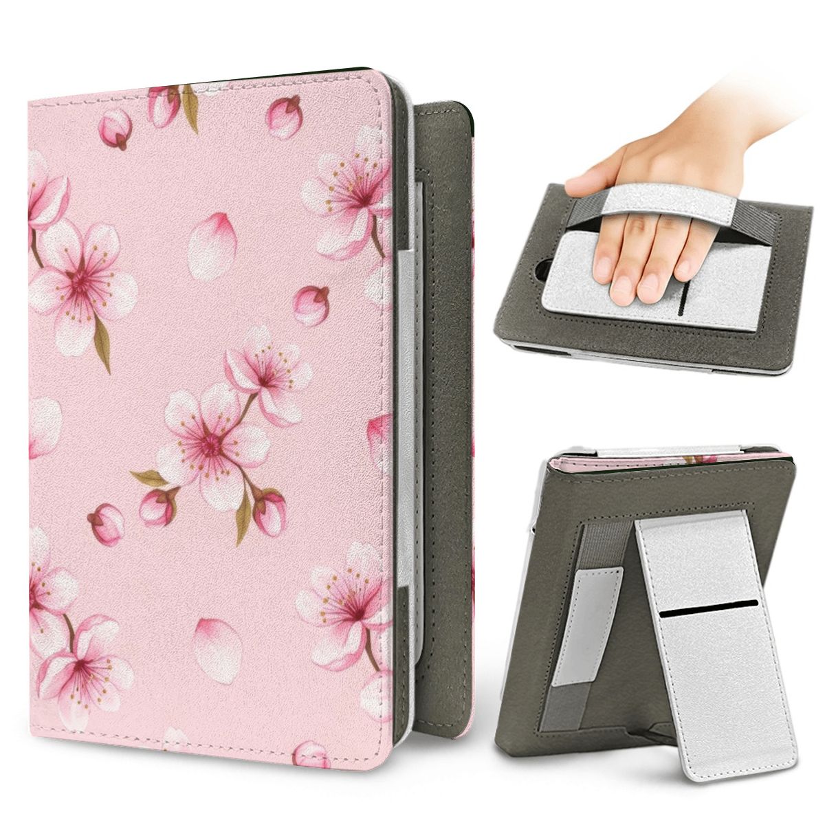 Cherry Blossom Kindle case — elastic hand strap and fold-out stand on the back