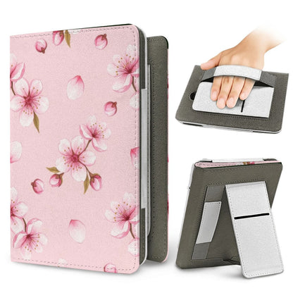 Cherry Blossom Kindle case — elastic hand strap and fold-out stand on the back
