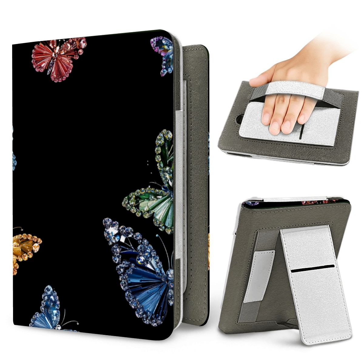 Jeweled Butterfly Kindle case — elastic hand strap and fold-out stand on the back