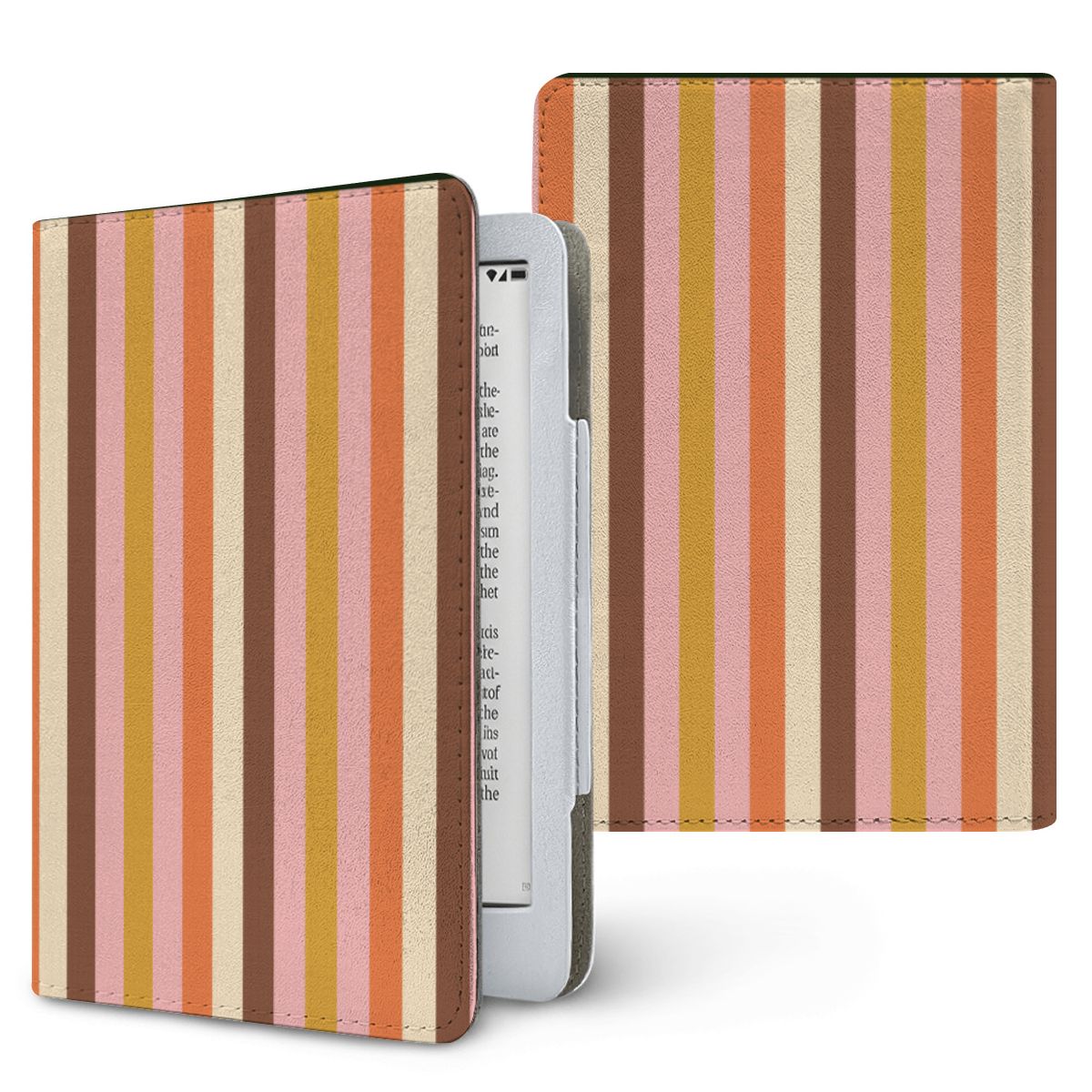 Retro Candy Stripe Kindle case — retro stripes in orange, pink, mustard and brown, printed front and back