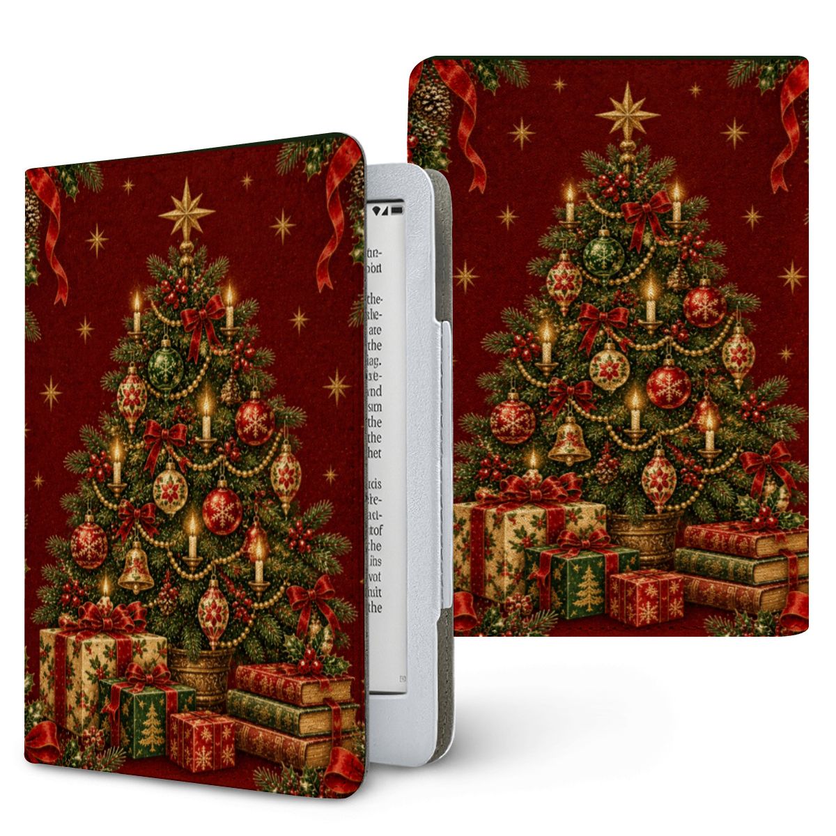 Vintage Tree & Books Kindle case — decorated vintage Christmas tree with presents and a stack of books, printed front and back