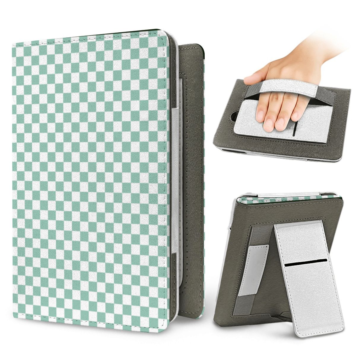 Sage Check Kindle case — elastic hand strap and fold-out stand on the back
