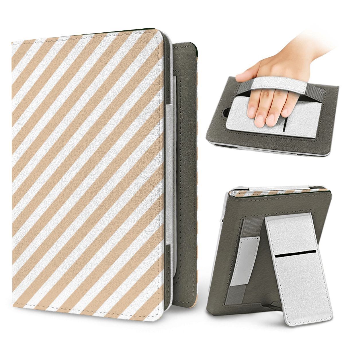 Cowhide Bow Kindle case — elastic hand strap and fold-out stand on the back