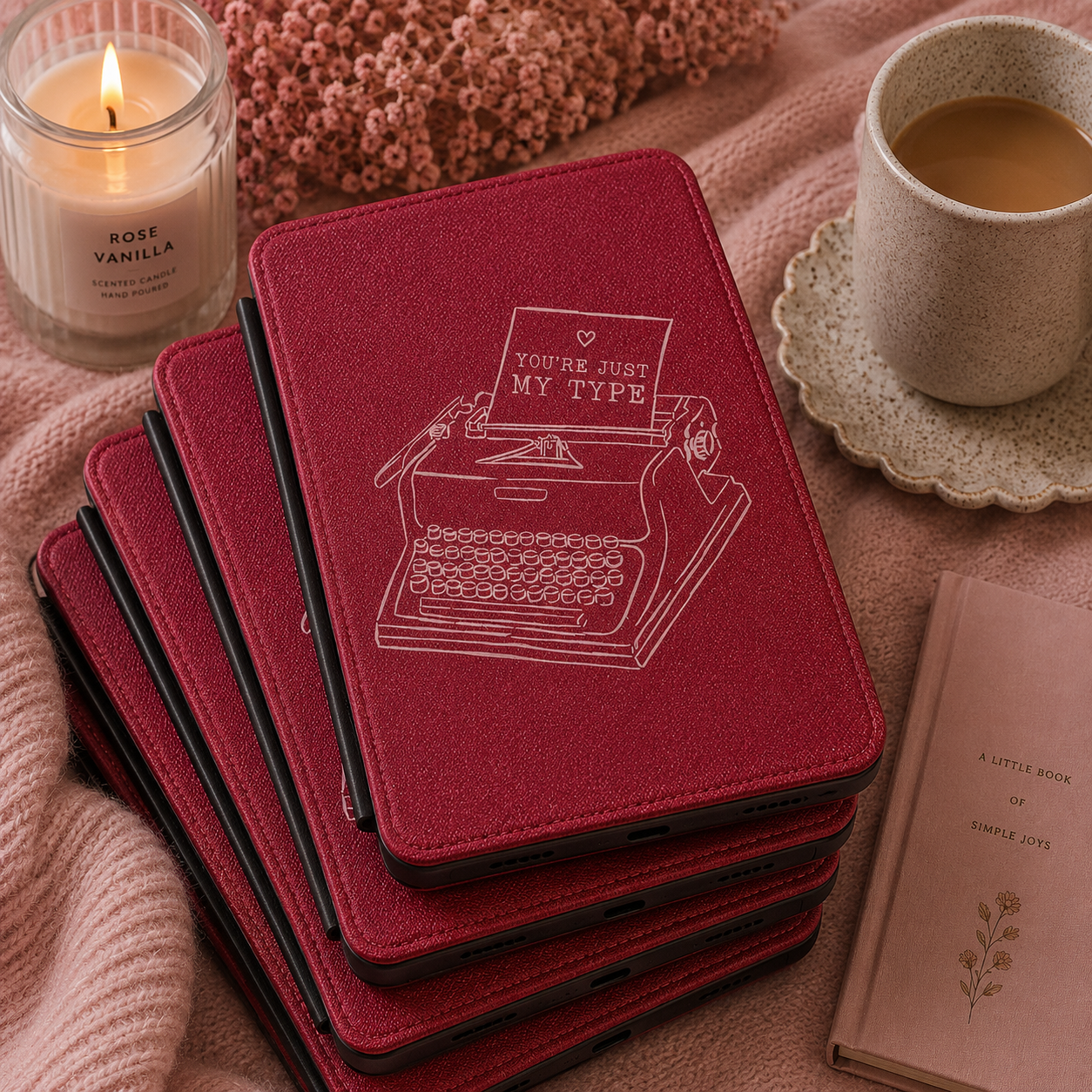 You're Just My Type burgundy Kindle case shown at an angle