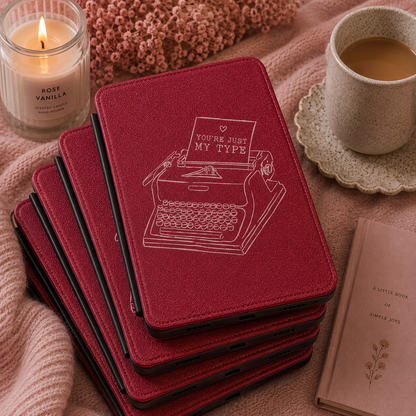 You're Just My Type burgundy Kindle case shown at an angle
