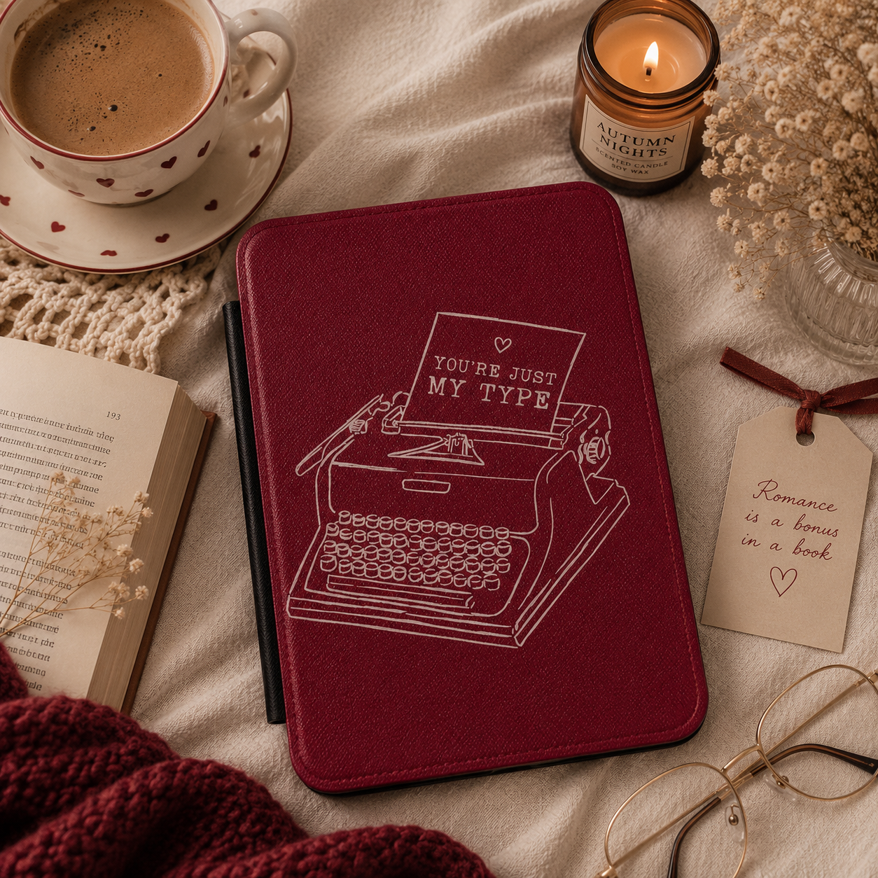 You're Just My Type Kindle case front cover in burgundy — white line-art vintage typewriter