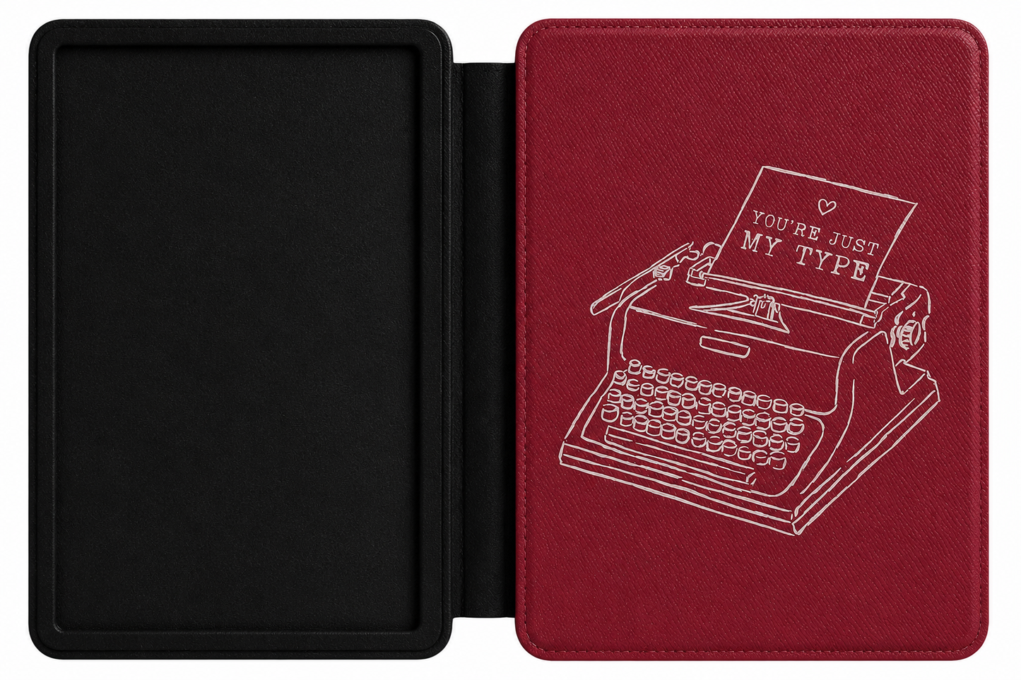 You're Just My Type burgundy Kindle case open showing e-ink Kindle on right interior panel
