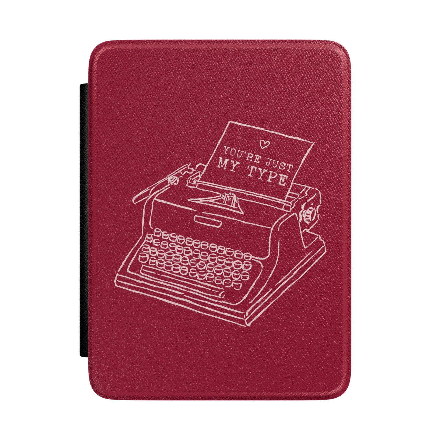 You're Just My Type Kindle case in burgundy — white line-art vintage typewriter, Quiet Bookish gift for her
