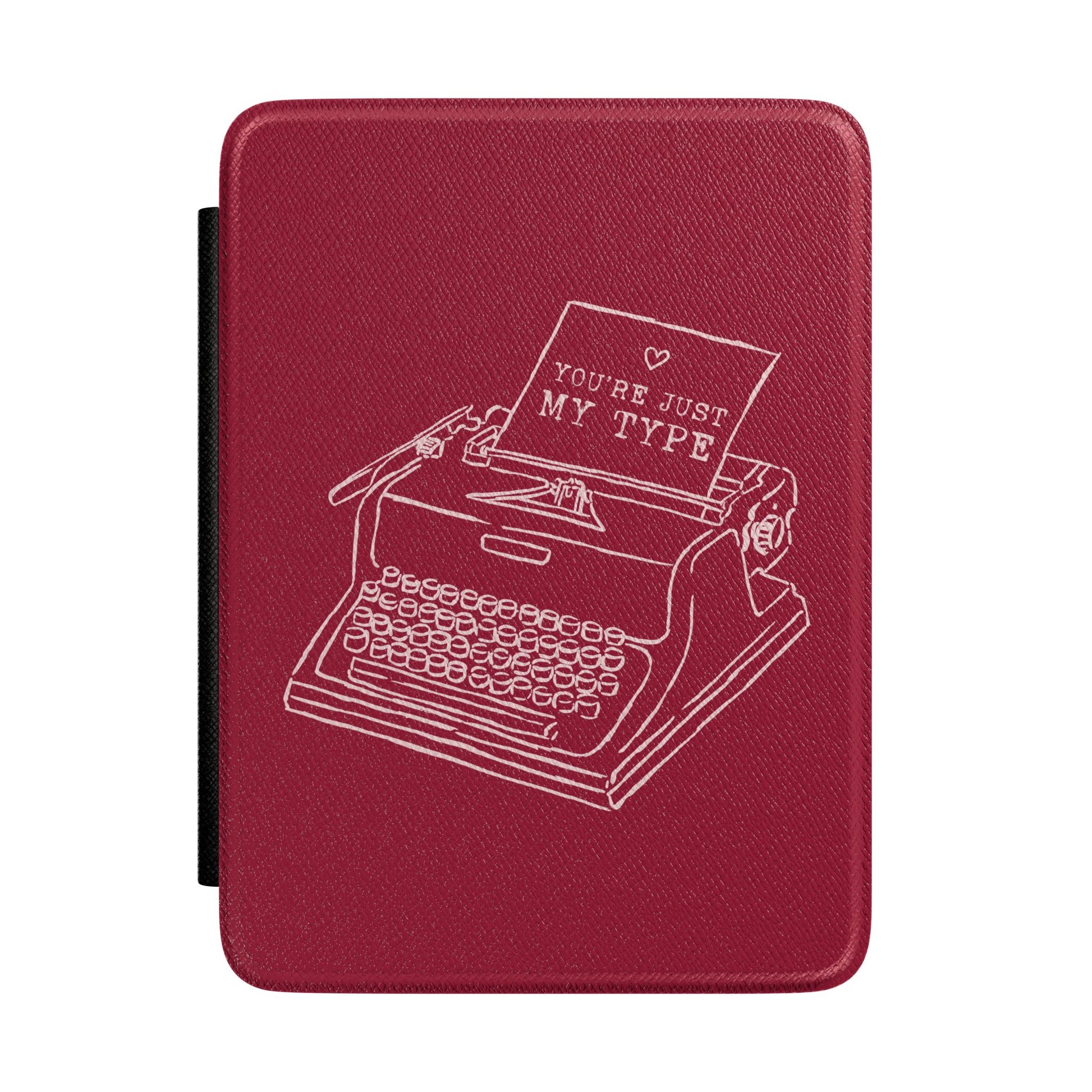 You're Just My Type Kindle case in burgundy — white line-art vintage typewriter, Quiet Bookish gift for her