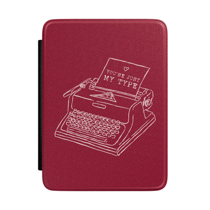 You're Just My Type Kindle case in burgundy — white line-art vintage typewriter, Quiet Bookish gift for her
