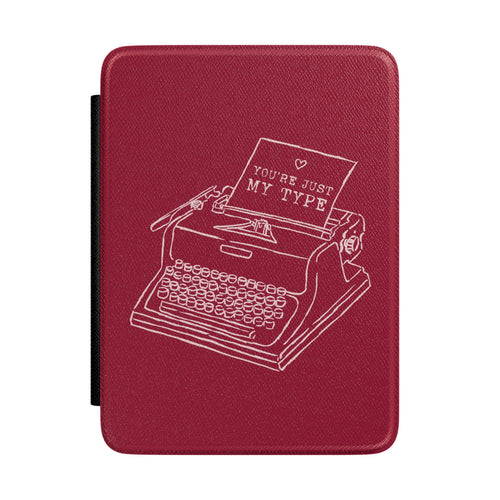 You're Just My Type Kindle case in burgundy — white line-art vintage typewriter, Quiet Bookish gift for her