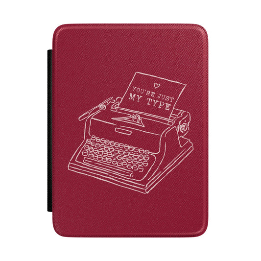 You're Just My Type Kindle case in burgundy — white line-art vintage typewriter, Quiet Bookish gift for her