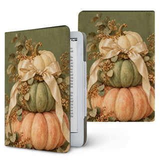 Sage Pumpkin Stack Kindle case — stacked white, sage and peach pumpkins with a cream satin bow, printed front and back