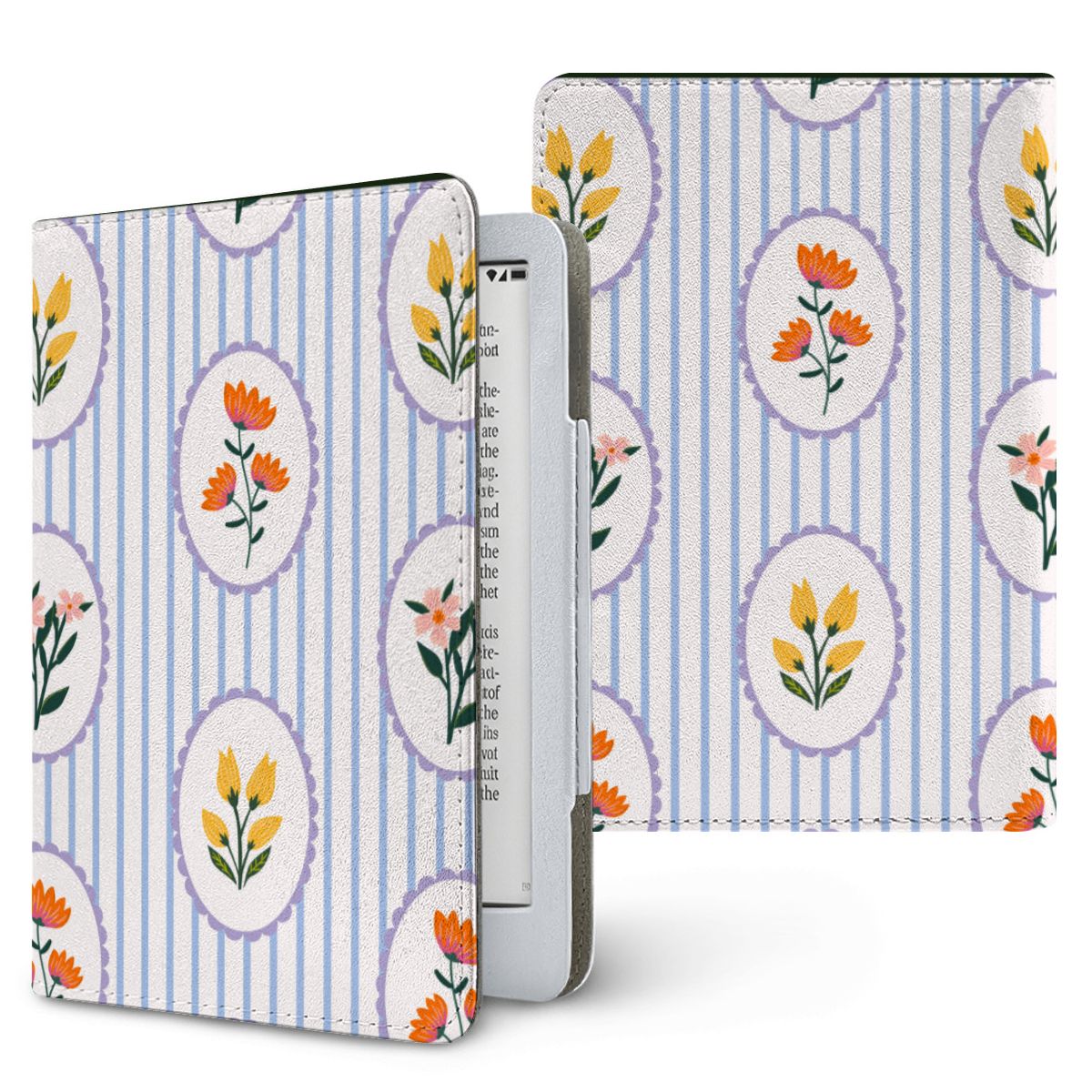 Blue Stripe Floral Kindle case — floral cameo, printed front and back