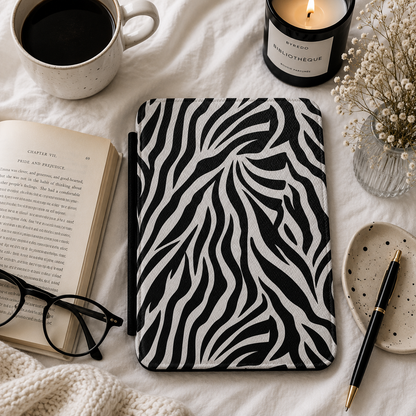 Black and white zebra stripe Kindle case shown at an angle
