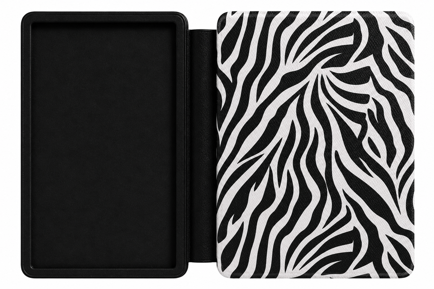 Close-up of black and white zebra stripe Saffiano Kindle case texture