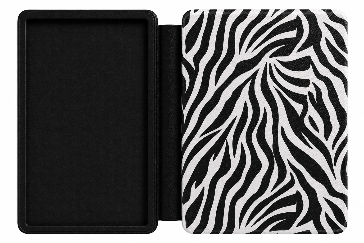Close-up of black and white zebra stripe Saffiano Kindle case texture