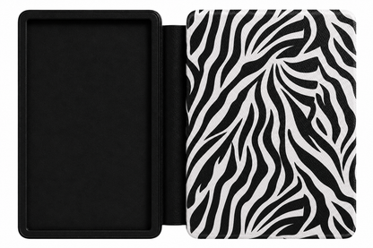 Close-up of black and white zebra stripe Saffiano Kindle case texture