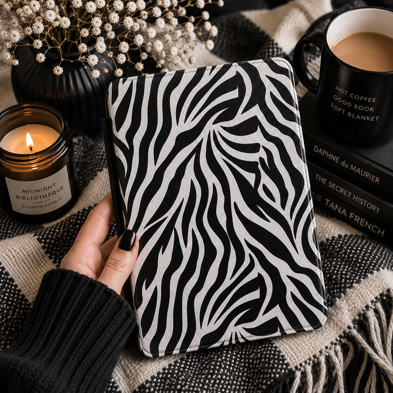 Zebra stripe Kindle case front cover in black and white — bold animal print