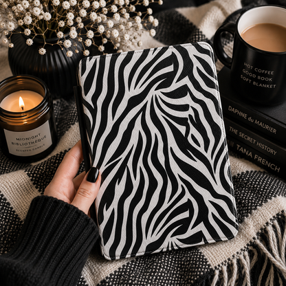 Zebra stripe Kindle case front cover in black and white — bold animal print